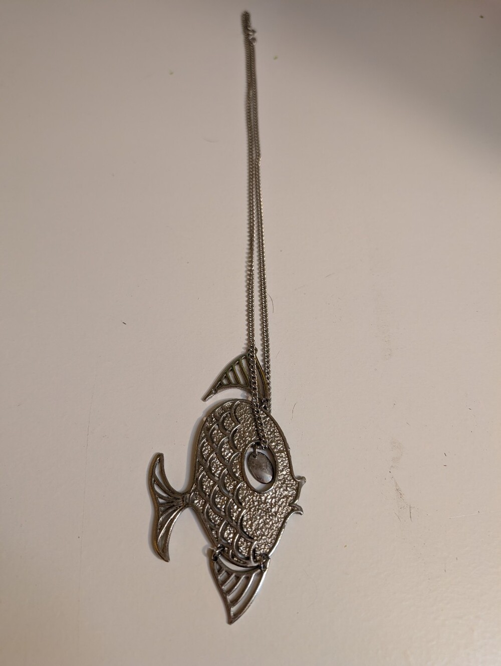 Vintage Silver Tone Articulated Fish Pendant Necklace Statement Piece